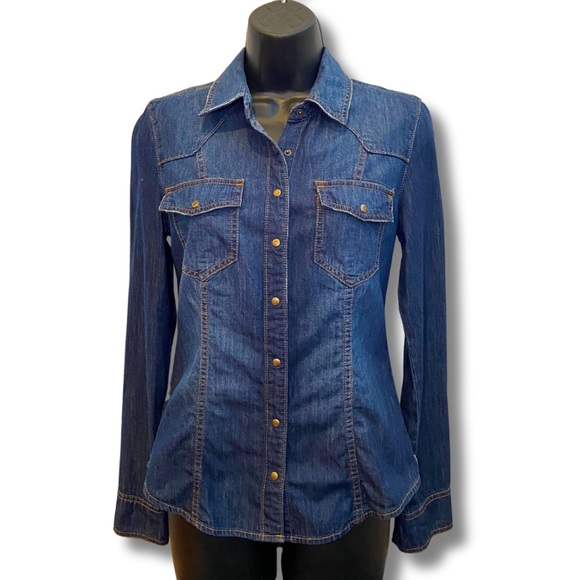 VINTAGE GUESS Denim Button Down Shirt Dark Wash Long Sleeves Brass Details - Picture 2 of 14